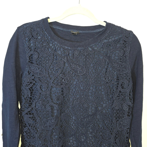 J. Crew Navy Crochet Lace-Front Crew Neck Sweatshirt Size M Cotton Silk Blend - Picture 2 of 8
